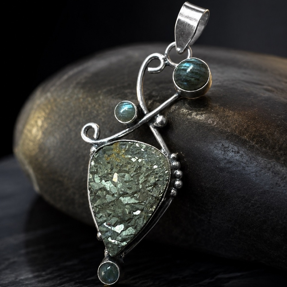 Artisan Silver Pyrite “FOOLS GOLD” & Labradorite Pendant - Handcrafted Modern